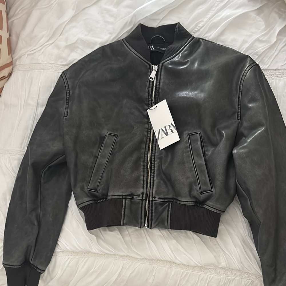 Zara Charcoal Faux Leather Bomber Jacket